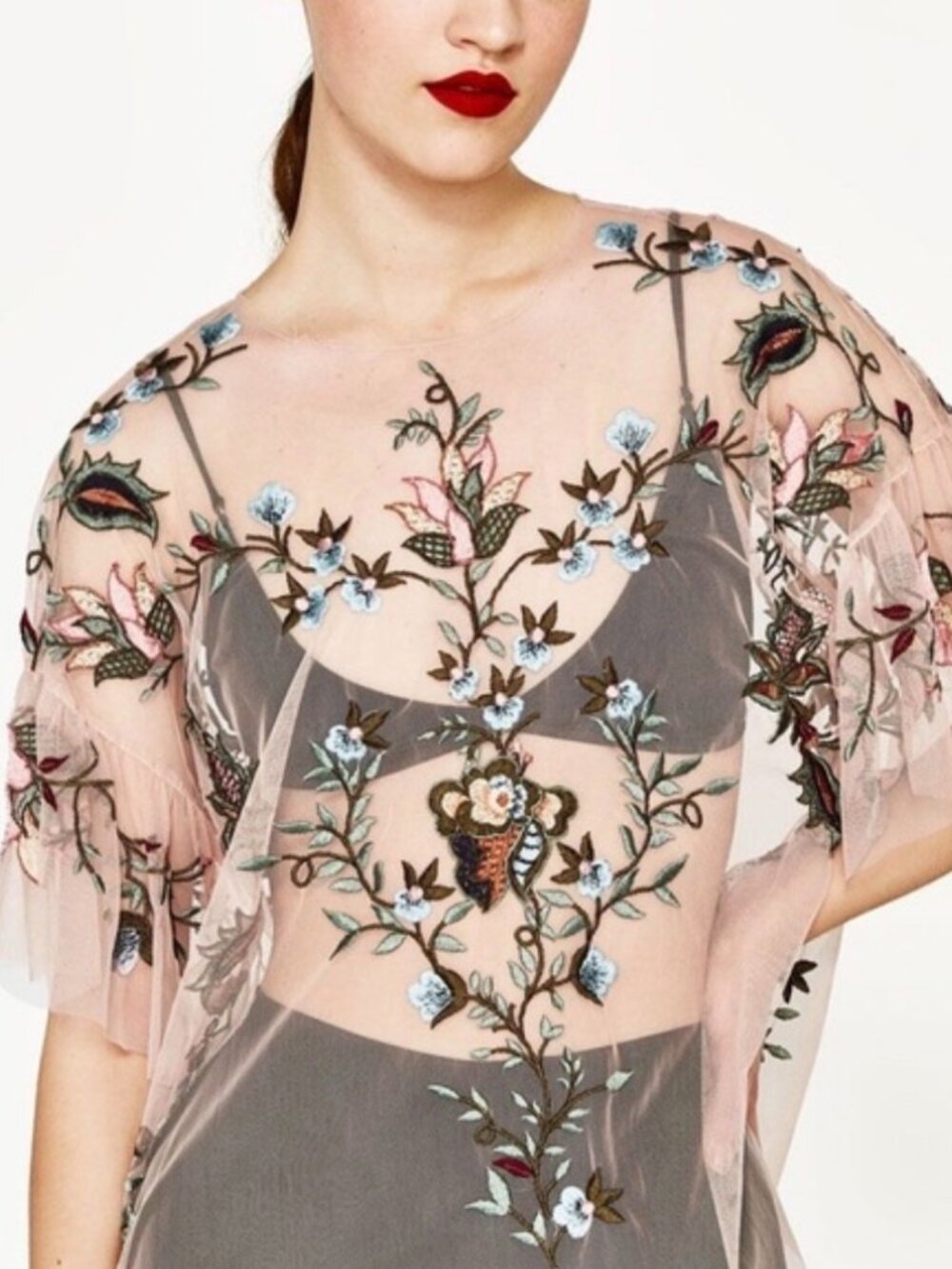 ZARA Pink Sheer Floral Blouse Button Closure Crop Top Cut Sz XS